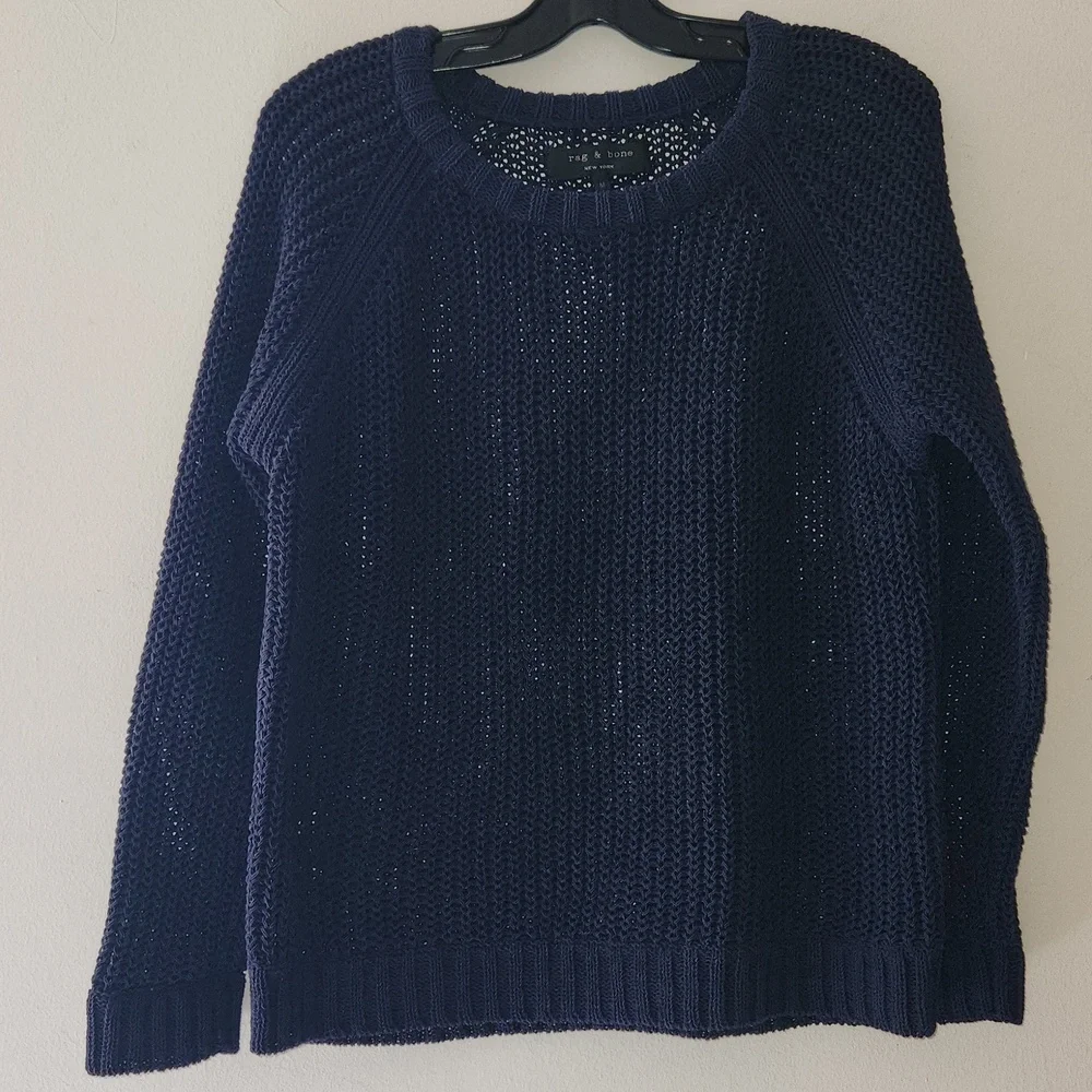 Rag & Bone Blue Cotton Shaker-stitch Raglan Sweater Size M